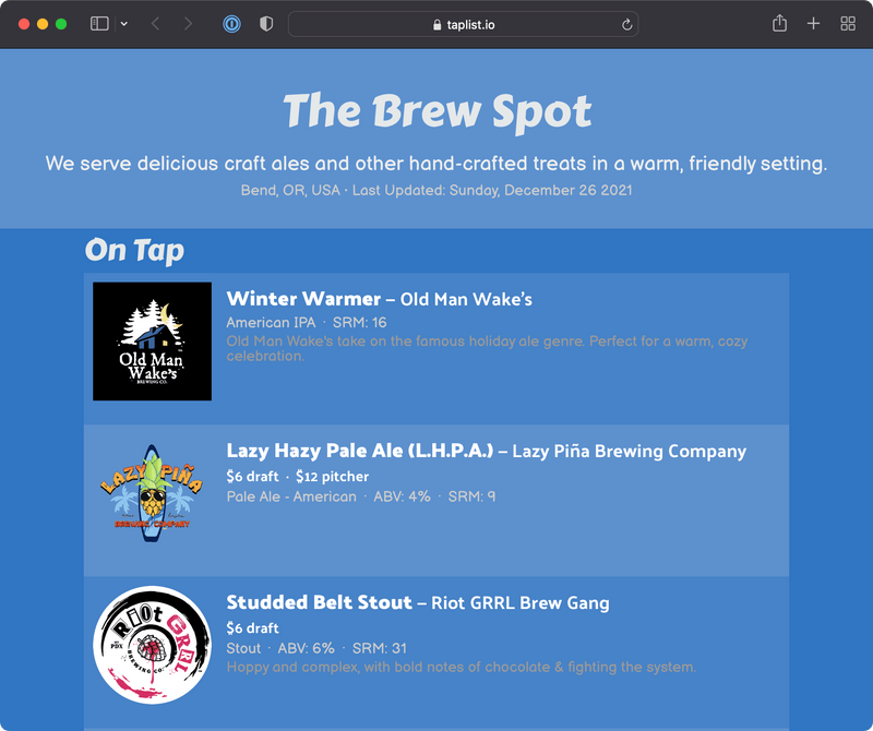 A beverage menu web page
