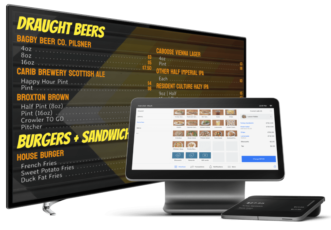 A brewer menu shown on a full-screen TV, with a laptop showing the Taplist.io management dashboard.
